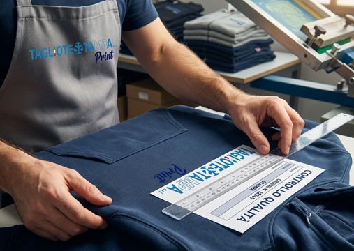 Un operaio controlla una maglietta appena stampata