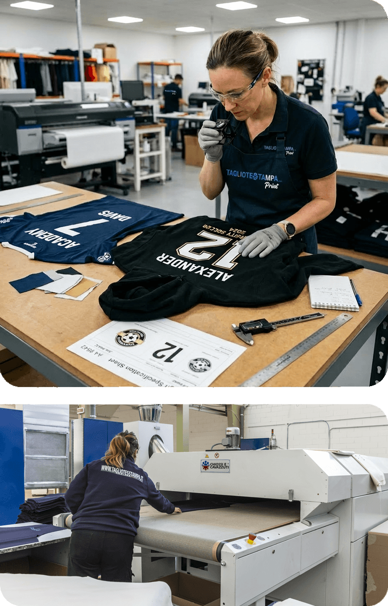 Un'operaia fa il controllo qualità su una felpa appena stampata